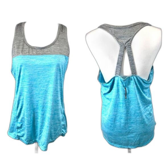 Reebok ice blue and gray color block split racerback logo active tank size large - Picture 1 of 7